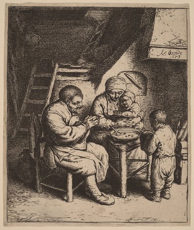 Boerenfamilie biddend voor de maaltijd door Adriaen van Ostade