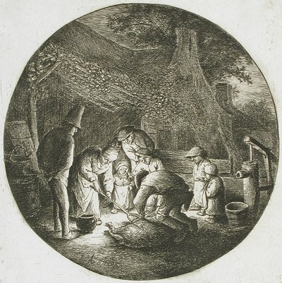 Boeren die een varken doden door Adriaen van Ostade