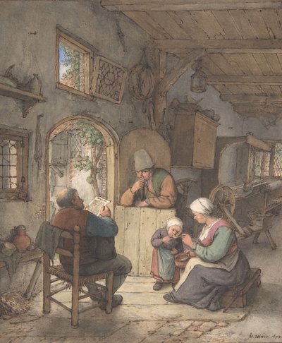 Het Nieuws Lezen in het Wevershuisje, 1673 door Adriaen van Ostade