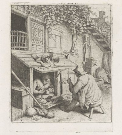 Schoenmaker in een werkplaats voor zijn huis door Adriaen van Ostade