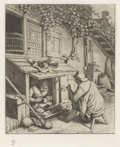 Schoenmaker in winkel voor zijn huis en een klant door Adriaen van Ostade