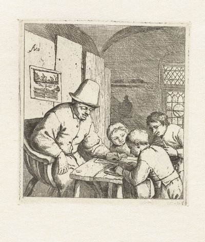 Schoolmeester met drie leerlingen bij tafel door Adriaen van Ostade