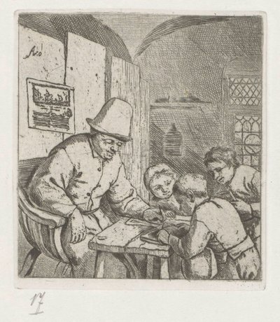 Schoolmeester met drie leerlingen bij tafel door Adriaen van Ostade