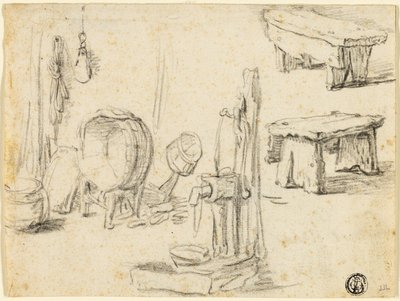 Schetsen van pomp, wastobbe, banken door Adriaen van Ostade