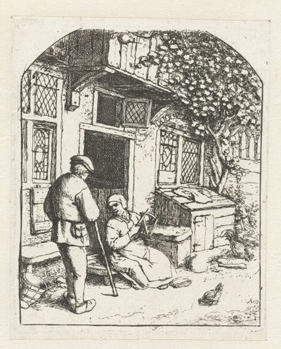 Spinster zittend op de drempel van een huis in gesprek met man door Adriaen van Ostade