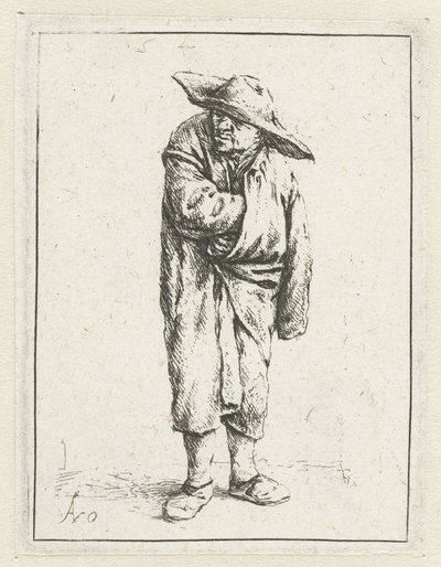 Staande boer met hand en arm in zijn mantel door Adriaen van Ostade