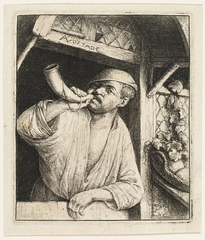 De Bakker die op zijn Hoorn Blaast door Adriaen van Ostade