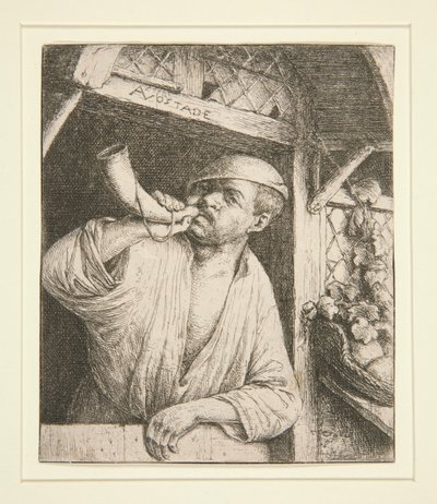 De bakker die op zijn hoorn blaast door Adriaen van Ostade
