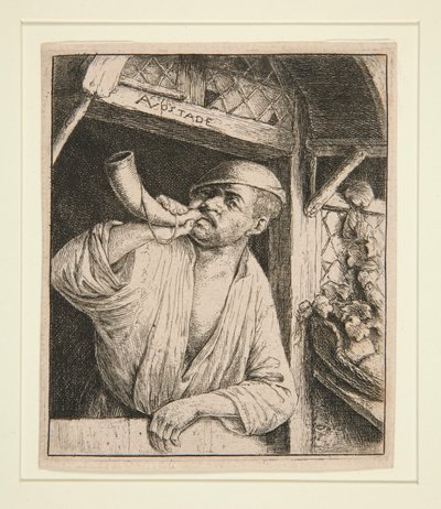 De bakker die op zijn hoorn blaast door Adriaen van Ostade