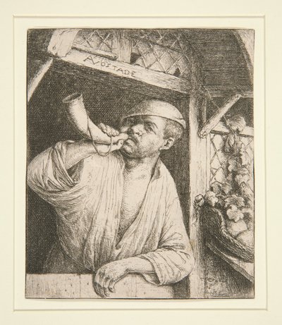 De bakker die op zijn hoorn blaast door Adriaen van Ostade