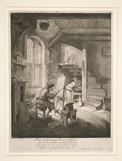 De schilder in zijn atelier door Adriaen van Ostade
