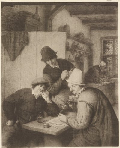 Drie boeren en een vrouw aan tafel door Adriaen van Ostade