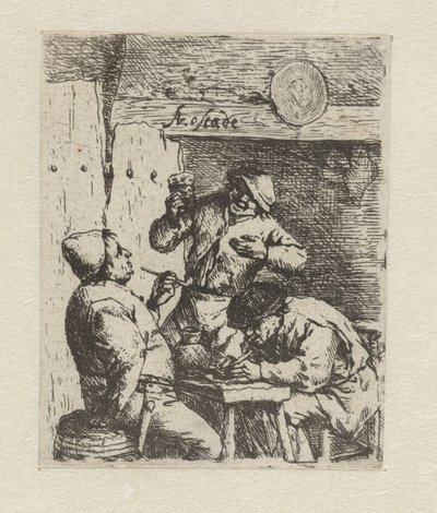 Twee rokers en drinker in herberg door Adriaen van Ostade