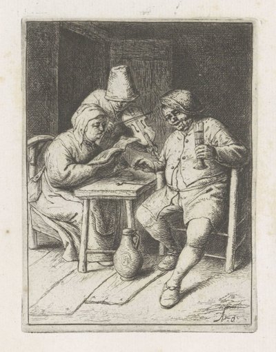 Vioolspeler bij een paar aan tafel door Adriaen van Ostade