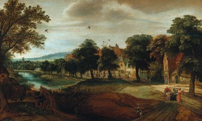 Een Bebost Rivierlandschap met Dorpsgebouwen en Abraham en de Drie Engelen door Adriaen van Stalbemt