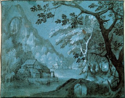 Landschap met een molen bij een bergmeer, ca. 1610-ca. 1620s door Adriaen van Stalbemt