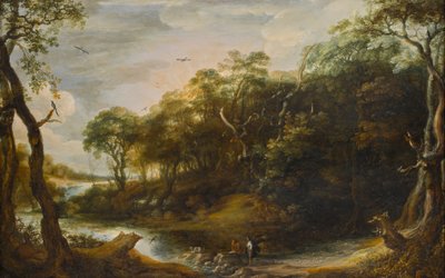 Landschap met de engel Rafaël en Tobais die de vis opensnijdt (Tobit 6,1-5) door Adriaen van Stalbemt