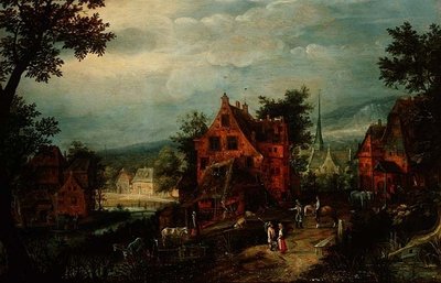 Dorp Landschap met Boeren door Adriaen van Stalbemt