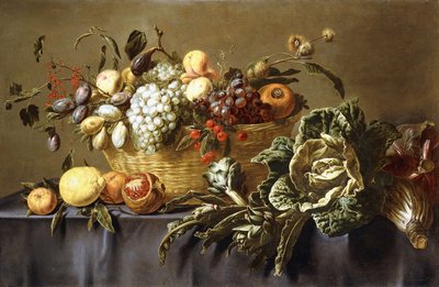 Een Mand met Fruit op een Gedrapeerde Tafel, ca. 1635 door Adriaen van Utrecht