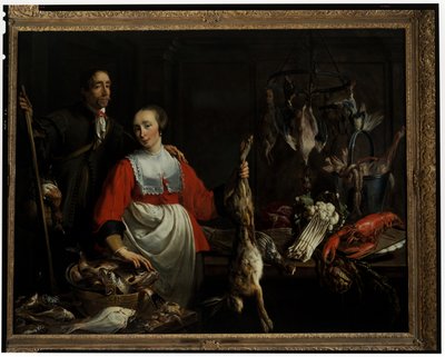 Een jachtopziener met een schietgeweer en een dienstmeisje dat een dode haas omhoog houdt in een voorraadkamer door Adriaen van Utrecht