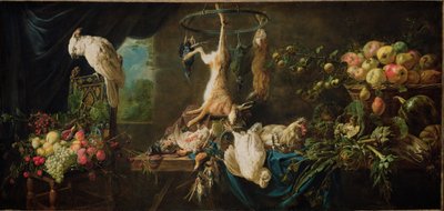 Stilleven - wild, groenten, fruit, kaketoe door Adriaen van Utrecht
