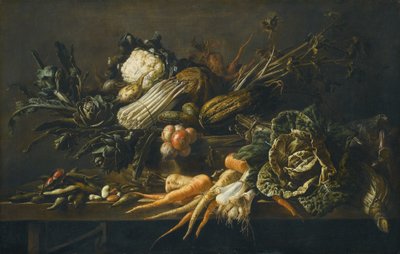 Stilleven van artisjok, asperges, groene kool, uien, bonen, wortelen en andere groenten, alles op een houten bankje door Adriaen van Utrecht