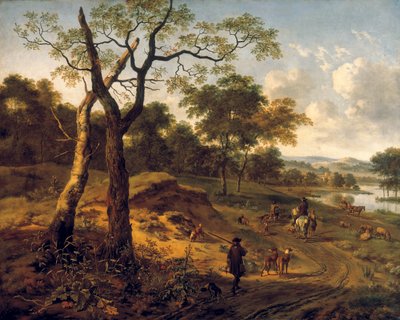 Bosrijk avondlandschap met een jager en honden door Adriaen van de Velda