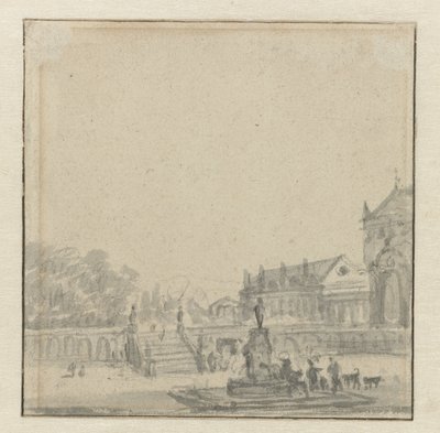 Voorhof van een paleis met een fontein door Adriaen van de Velde (possibly)