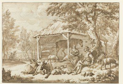 Herderpaar met vee bij een schuur door Adriaen van de Velde