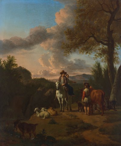 Een italiaans landschap met een man en een vrouw op een wit paard, die de weg vragen aan een herder door Adriaen van de Velde