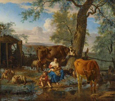 Vee met borstvoedende vrouw en kind spelend met hond door Adriaen van de Velde