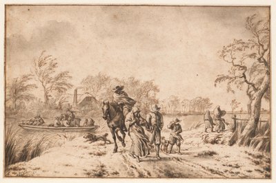Herfstlandschap met reizigers en veerpont door Adriaen van de Velde