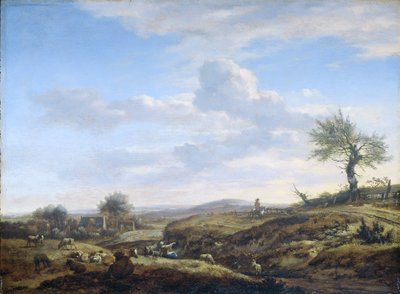Heuvelachtig landschap met een hoge weg door Adriaen van de Velde