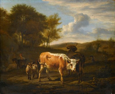 Bergachtig landschap met koeien door Adriaen van de Velde