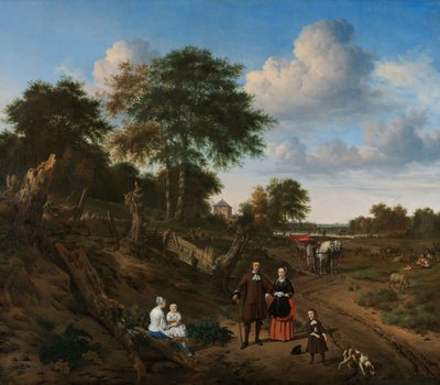 Portret van een echtpaar met twee kinderen en een verpleegster in een landschap door Adriaen van de Velde