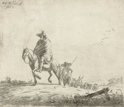 Ruiter en veedrijver met vee op een zandweg, 1653 door Adriaen van de Velde