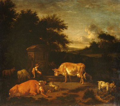 Herderin en een Veedrijver met hun Kudde bij een Klassieke Fontein in een Bebost Landschap door Adriaen van de Velde