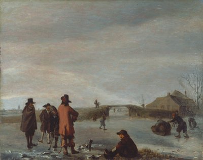 Winterscène met een groep golfers op een bevroren rivier, ca. 1654-72 door Adriaen van de Velde