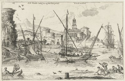 Havengezicht in het Zuiden (Landschappen, serie twee) door Adriaen van der Kabel
