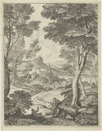 Landschap met spitse toren door Adriaen van der Kabel
