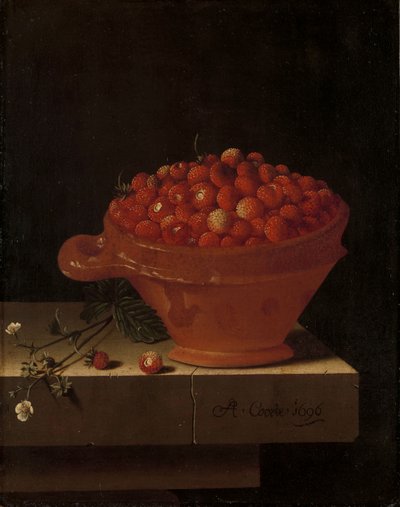 Een kom aardbeien op een stenen sokkel, 1696 door Adrian Coorte