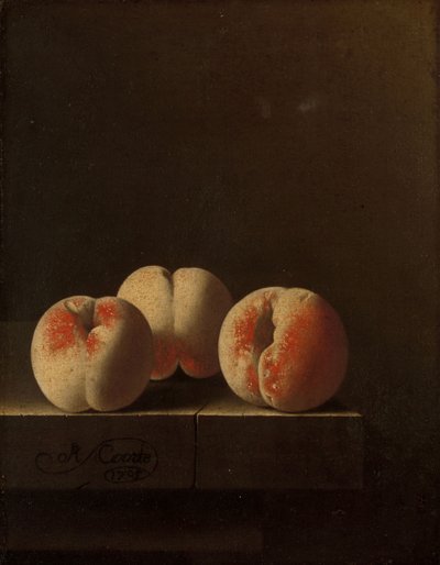 Drie perziken op een stenen sokkel, 1705 door Adrian Coorte