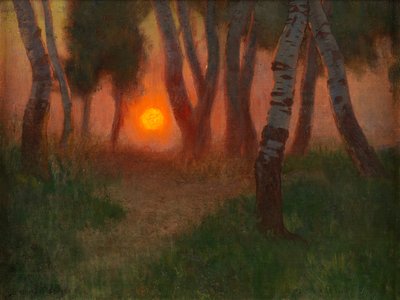 Zonsondergang in een bebost landschap door Adrian Scott Stokes