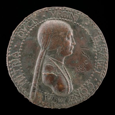 Elisabetta Gonzaga, overleden 1528, Hertogin van Urbino, Echtgenote van Guidobaldo I 1489 [obv] door Adriano Fiorentino