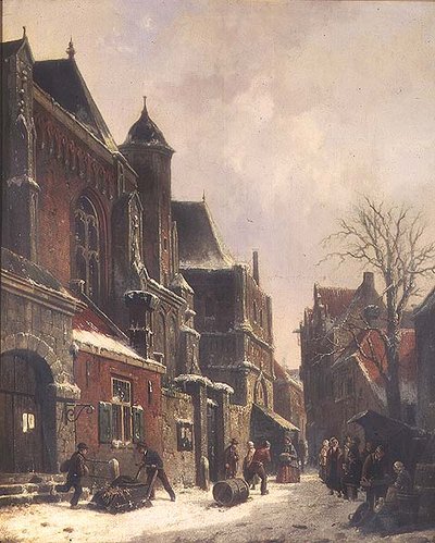 Een Nederlandse straatscène met figuren bij een kerk door Adrianus Eversen