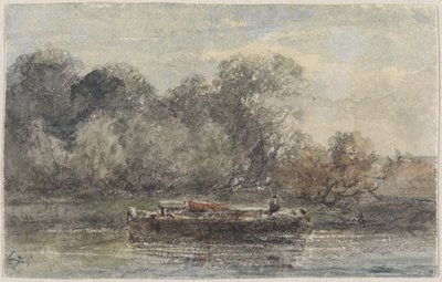 Boot met gestreken mast aan wal liggend door Adrianus Eversen