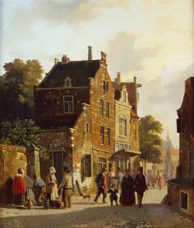 Figuren in een drukke straat door Adrianus Eversen