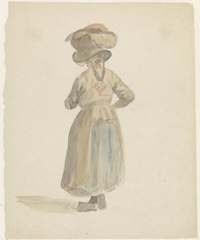Figuurstudie van een vrouw met een mand op het hoofd, van achteren door Adrianus Eversen