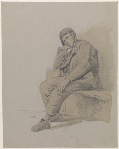 Figuurstudie van een zittende man met een muts op door Adrianus Eversen