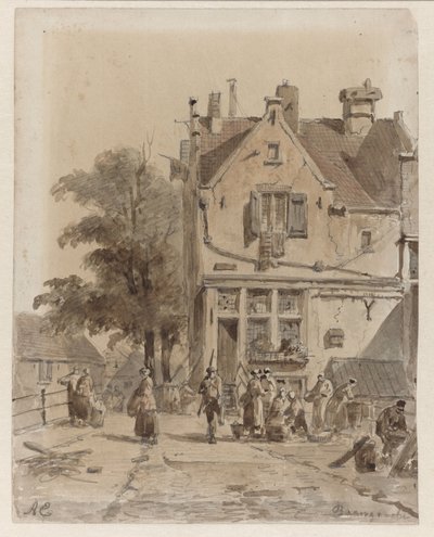 Gezicht op een brug over de Baangracht te Amsterdam, met kramers van etenswaar door Adrianus Eversen